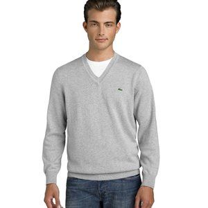 LACOSTE Heather Gray V Neck Pima Cotton Jersey Knit Sweater Large